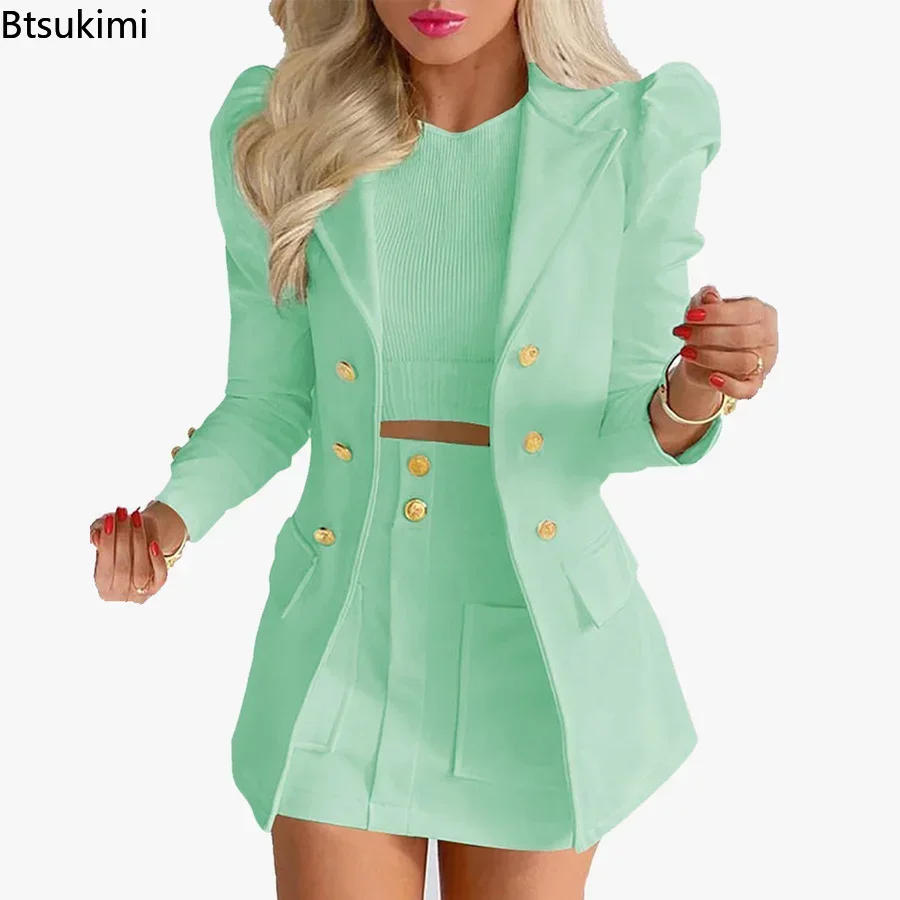 2024 Spring Summer Women\'s Casual Long Sleeve Jacket with Mini Skirt Two-piece Suit Tailleur Femme Blazer and Skit Dress Sets