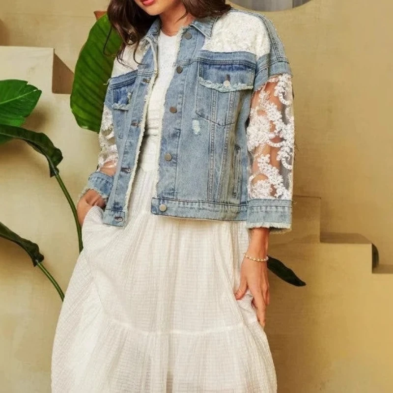 2025 Cross-border European Women's New Fall/Winter Denim Jacket with Hole-Embossed Netting and Patchwork Design