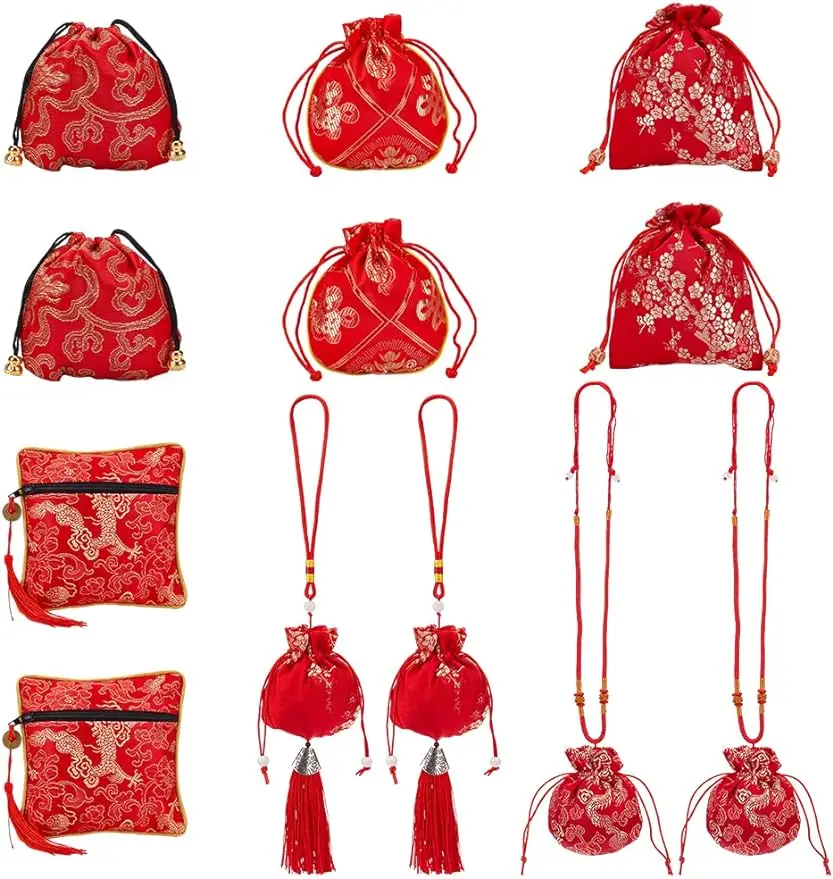 12Pcs Jewelry Silk Purse Pouchs 6Styles Vintage Red Embroidered Flower Jewelry Brocade Organizer Wrap with Zipper