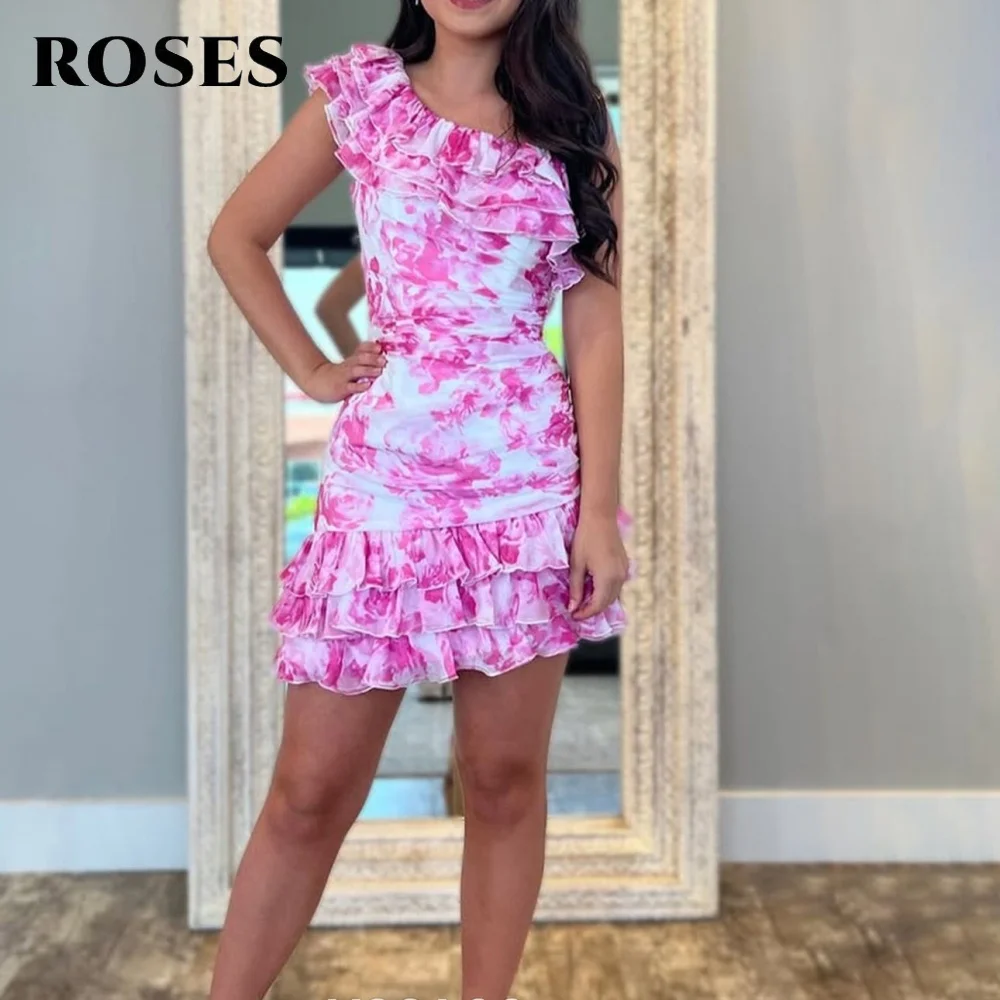 

ROSES Pink Cocktail dress Chic Sleeveless Chiffon Tiered Flowers Short Evening Dress One Shoulder with Pleats Design Customized