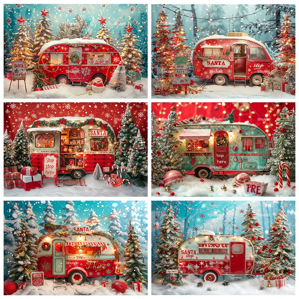 

Christmas Party Backdrops Winter Xmas Tree Gifts Bells Truck Family Party Decoration Banner Baby Portrait Photography Background