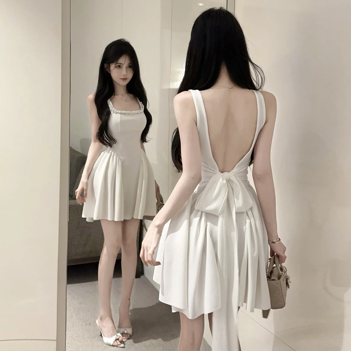 Summer French Fashion High-end Mini Evening Gown Women's Beaded Backless Bowknot Camisole Party Dress Sexy Elegant Chic Dress