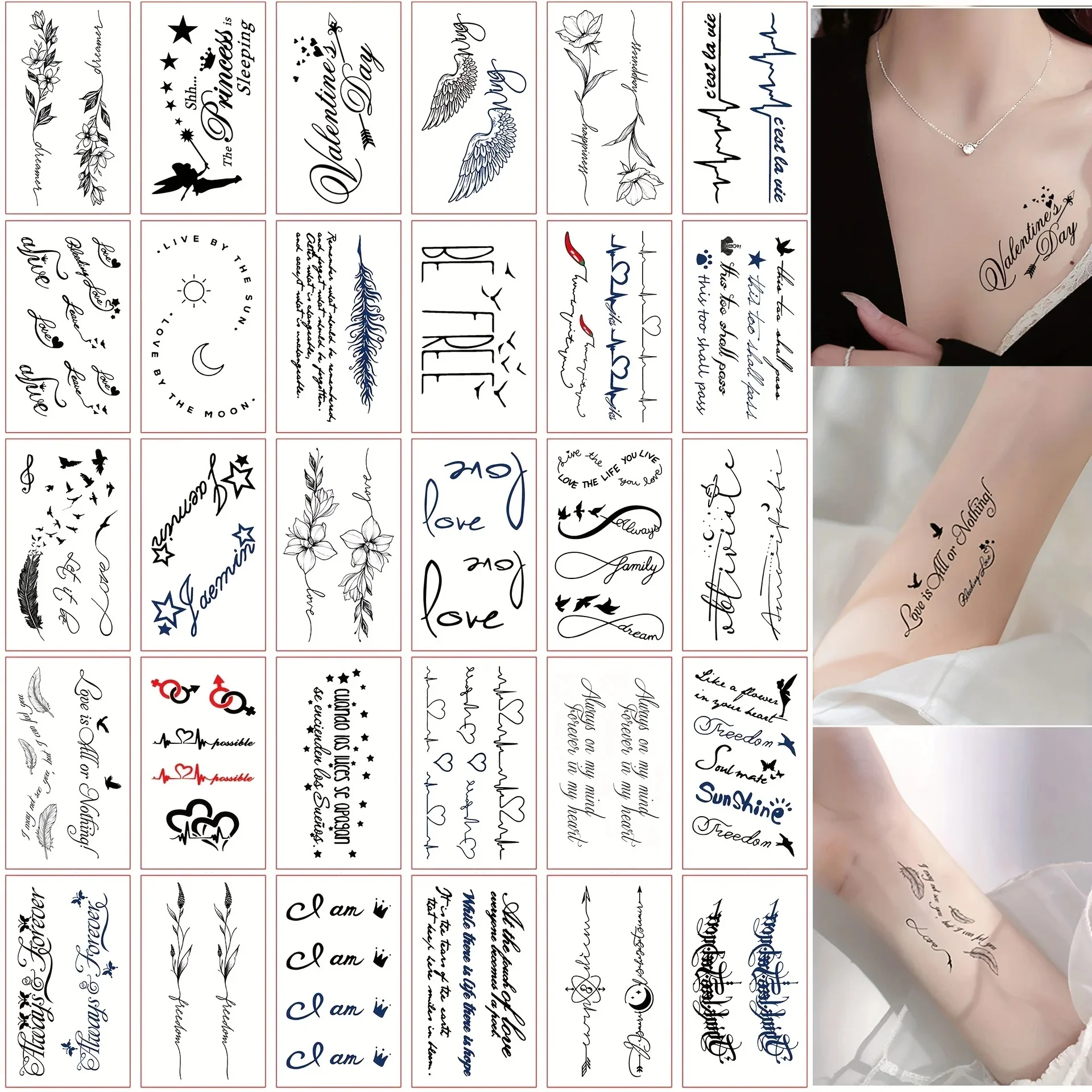 30 pz/lotto falso autoadesivo del tatuaggio impermeabile per le ragazze testo piuma stella citazione lettera inglese tatuaggio adesivo tatuajes temporales