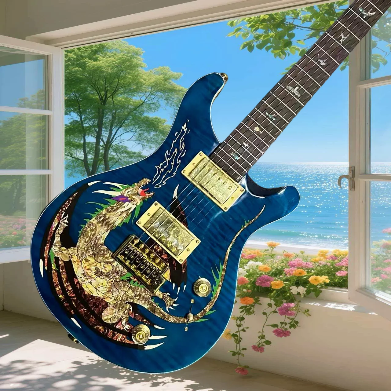 

Электрогитара Relief Blue Dragon, черная отделка, гриф из палисандра, корпус из красного дерева, стиль PRS Custom 24, идеальный подарок, бесплатная доставка