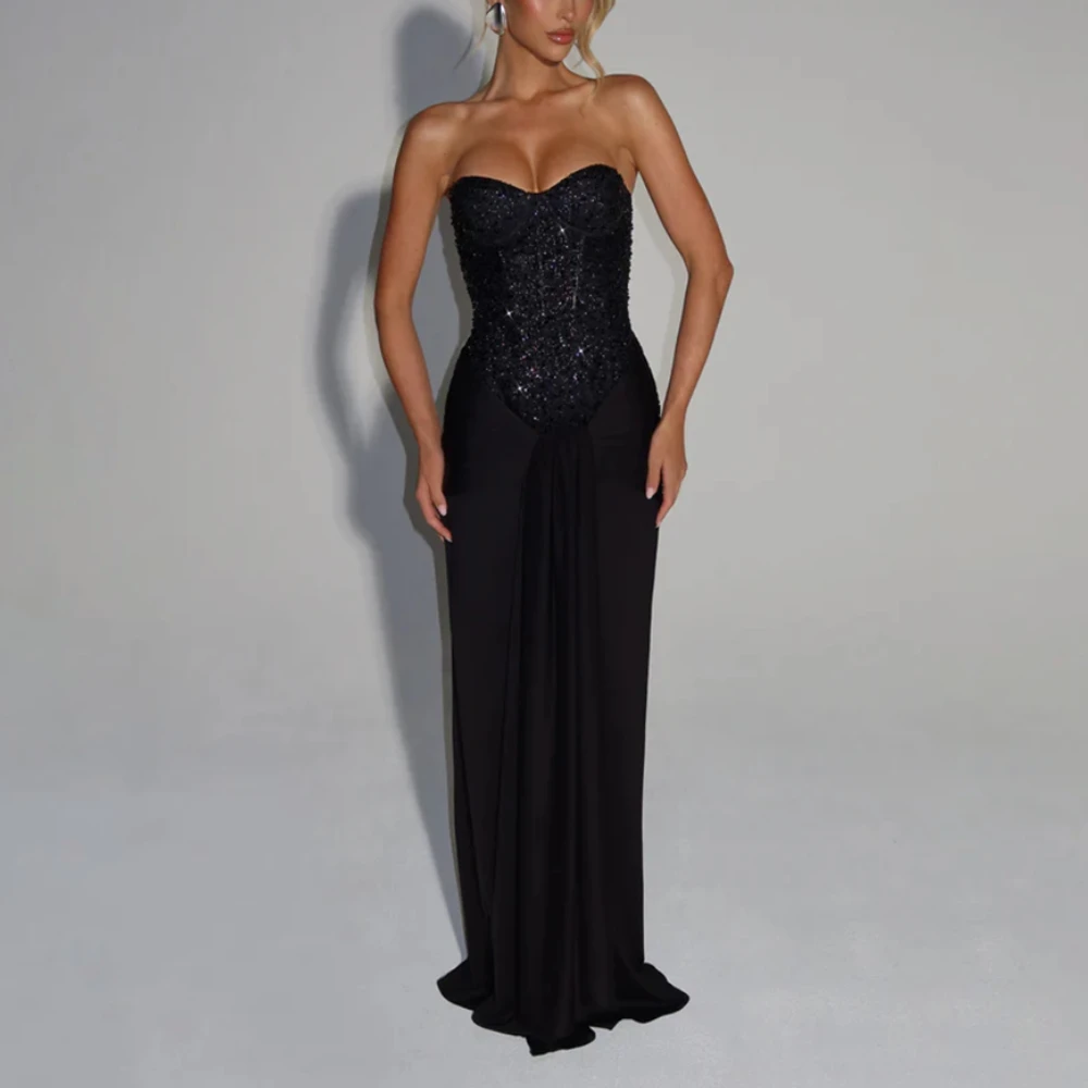 

Fashion Prom Dress Customized Sexy Sweetheart Neck Sequin Pleat Black Party Gowns Backless Floor Length Evening Dresses
