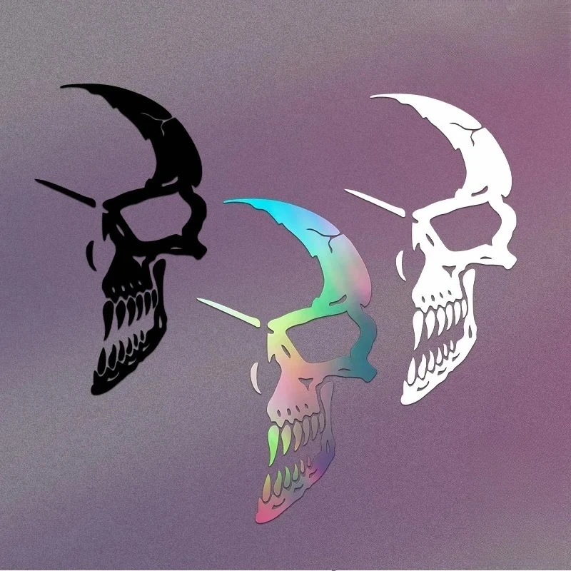 1 Stück Holografischer Halb-Schädel Vinyl-Aufkleber Wasserfester Holo-Schädel-Aufkleber für Motorrad Auto Laptop Gothic Halloween Graffiti DIY