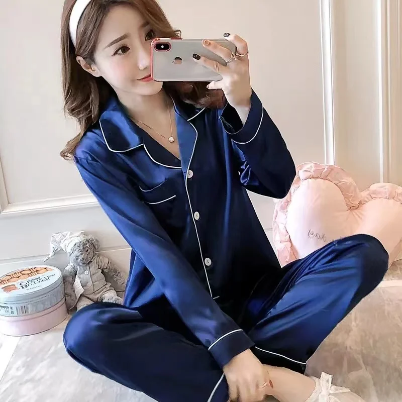 2023 Silk Satin Pajamas Set Woman Printed Long Sleeve Sleepwear Pijamas Suit Female Homewear Two Piece Loungewear Pjs Plus Size