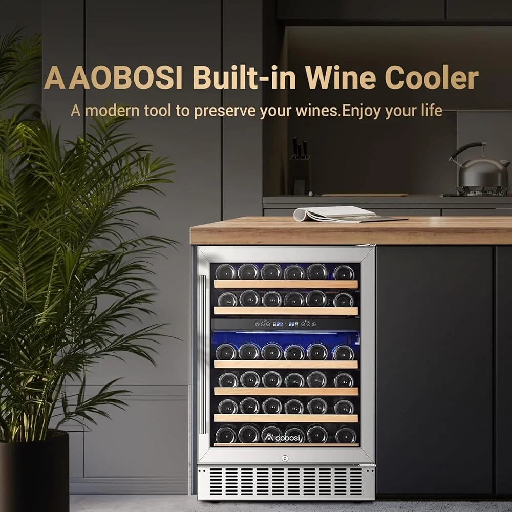 46 Bottles Dual Zone Wine Cooler Fridge Freestanding Built-in Refrigeration with Blue LED Light Quiet Compressor and UV