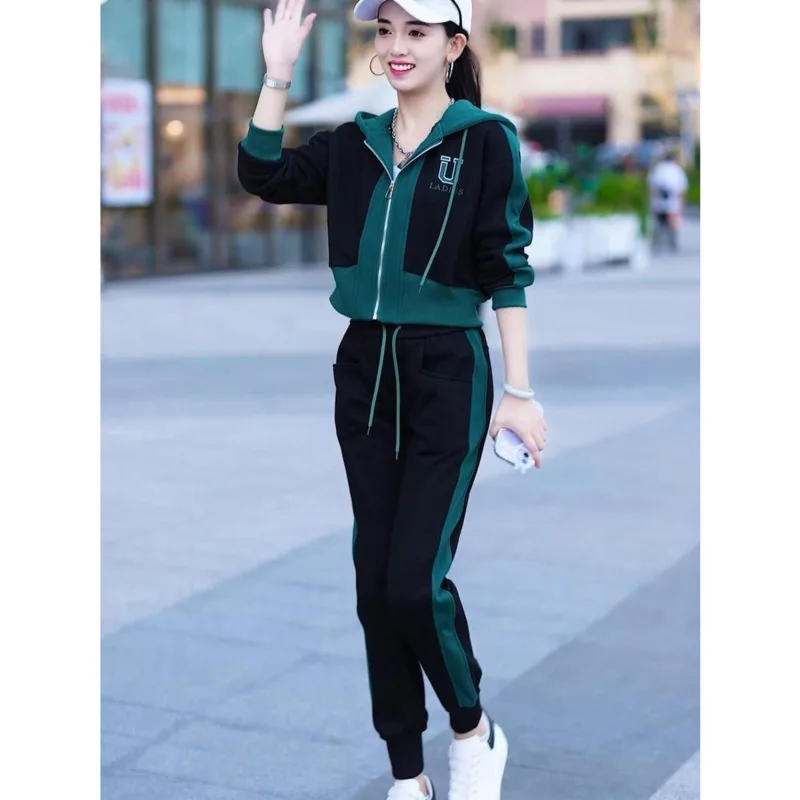 Women\'s Fashion Casual Sports Suit 2023 Spring Autumn New Cardigan Hooded Tops Sweater Coat And Pants 2 Two Piece Set For Women