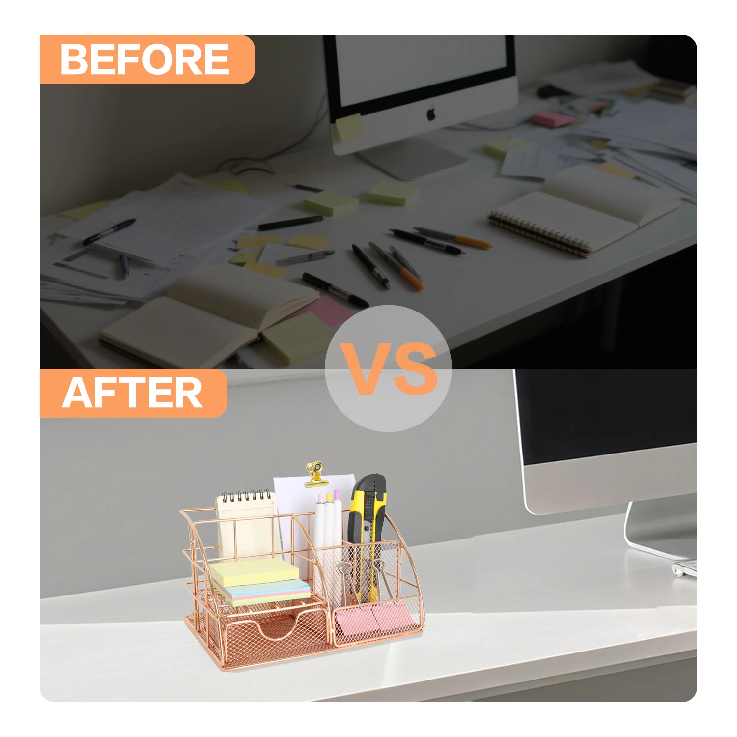 منظم سطح المكتب المعدني باللون الذهبي الوردي، شريط ملفات متعدد الوظائف، رف تخزين اللوازم المكتبية، حامل القرطاسية ومستحضرات التجميل، شركات