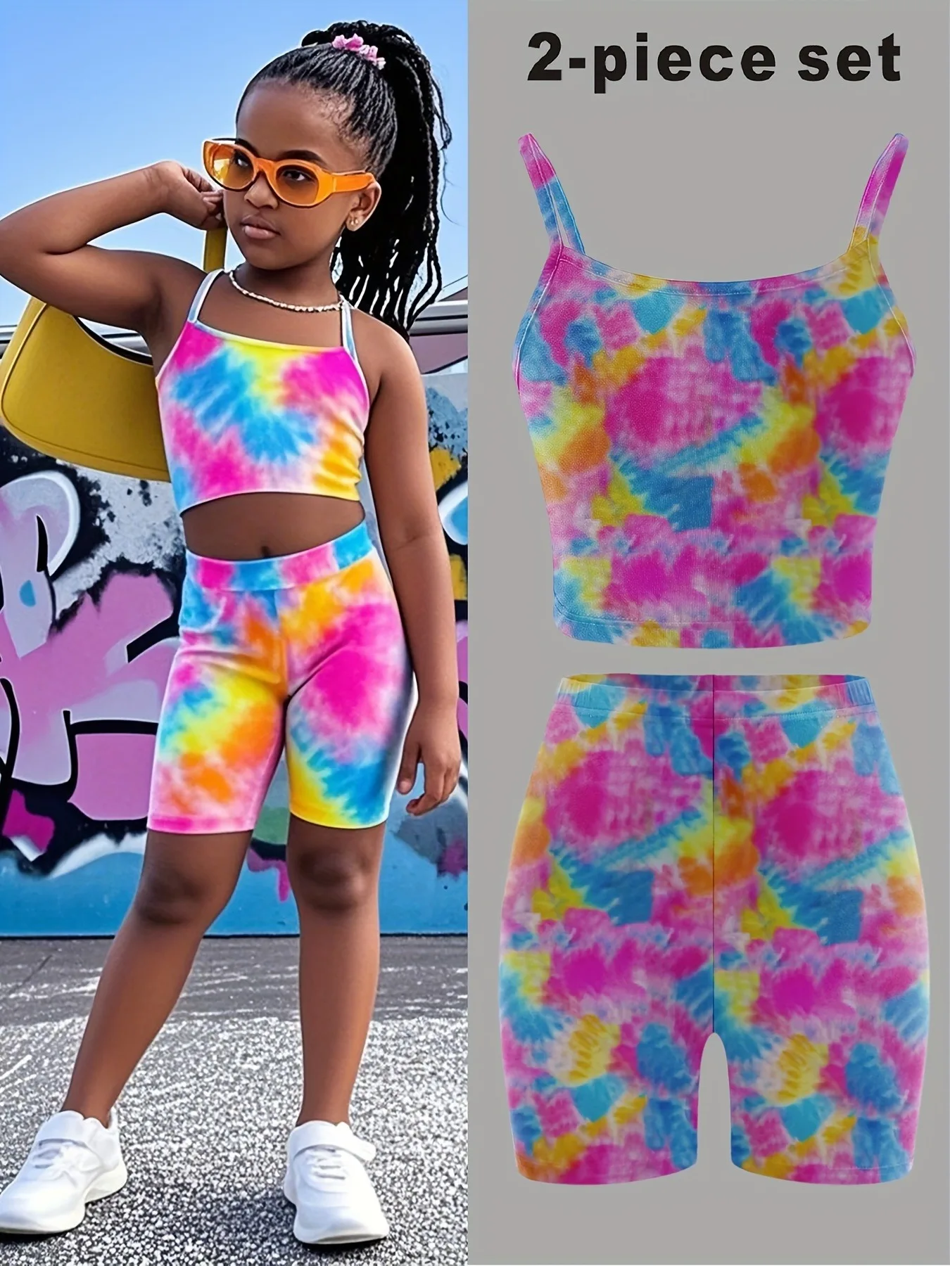 Ensemble tendance 2 pièces pour filles, haut court sans manches tie-dye coloré et short cycliste taille haute pour le streetwear quotidien