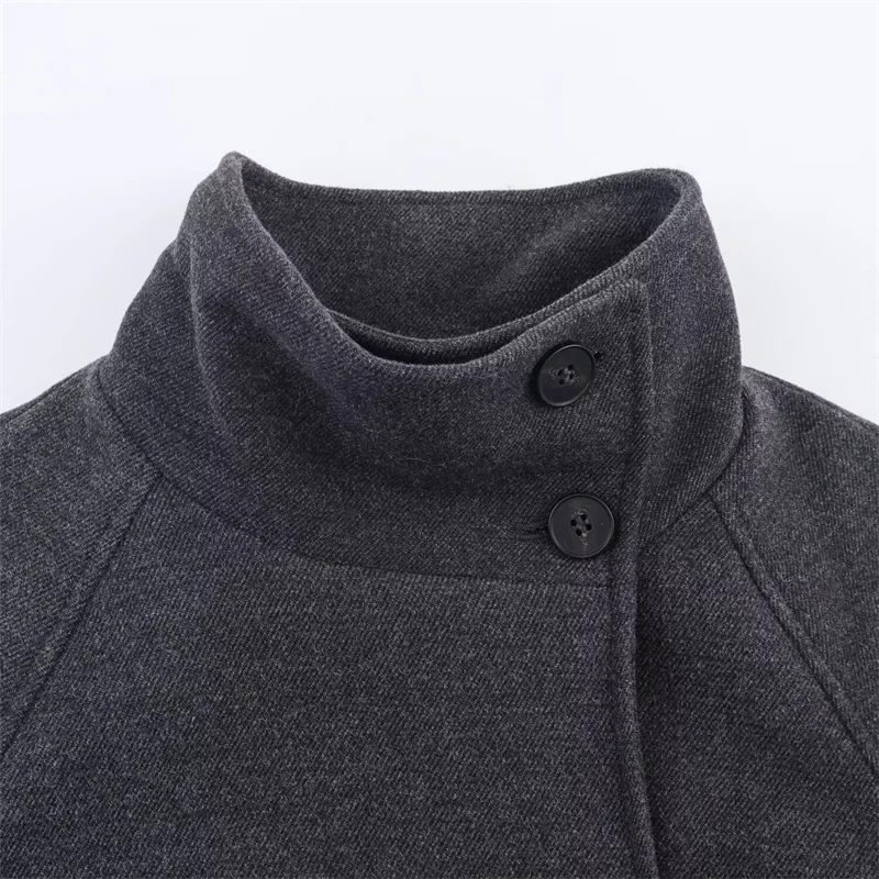Damesjas 2025, herfst en winter, nieuwe stijl, grijze lange mouwen, riem, enkele rij knopen, opstaande kraag, losse jas, modieus