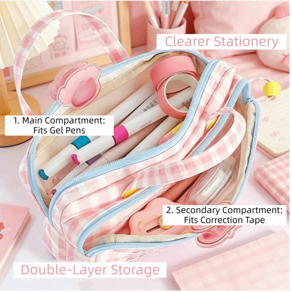 Pencil Bag Plaid Pencil Case Large Capacity Double Layer Stationery Box Cute Portable Pen Bag School Use
