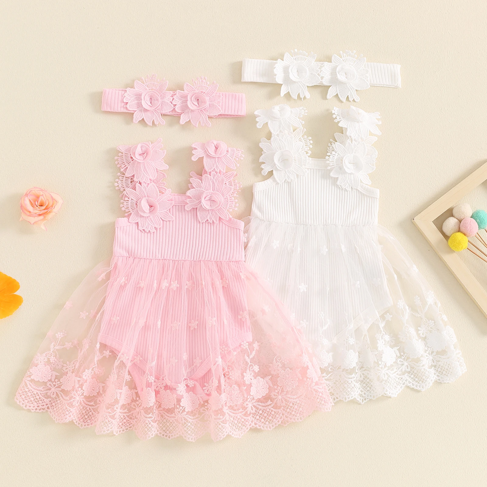 

0-24M Toddler Baby Girl Summer Romper Dress Casual Floral Embroidery Sleeveless Jumpsuit and Headband Set Cute Clothes Outfits