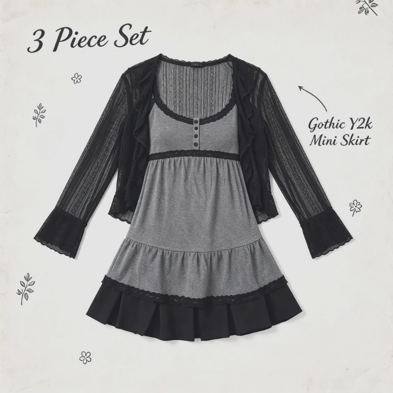 Harajuku Vintage 3 Piece Set Short Cardigan Casual Slim Vest Y2k Mini Skirt Women Gothic Sweet Subculture Chic Holiday Set