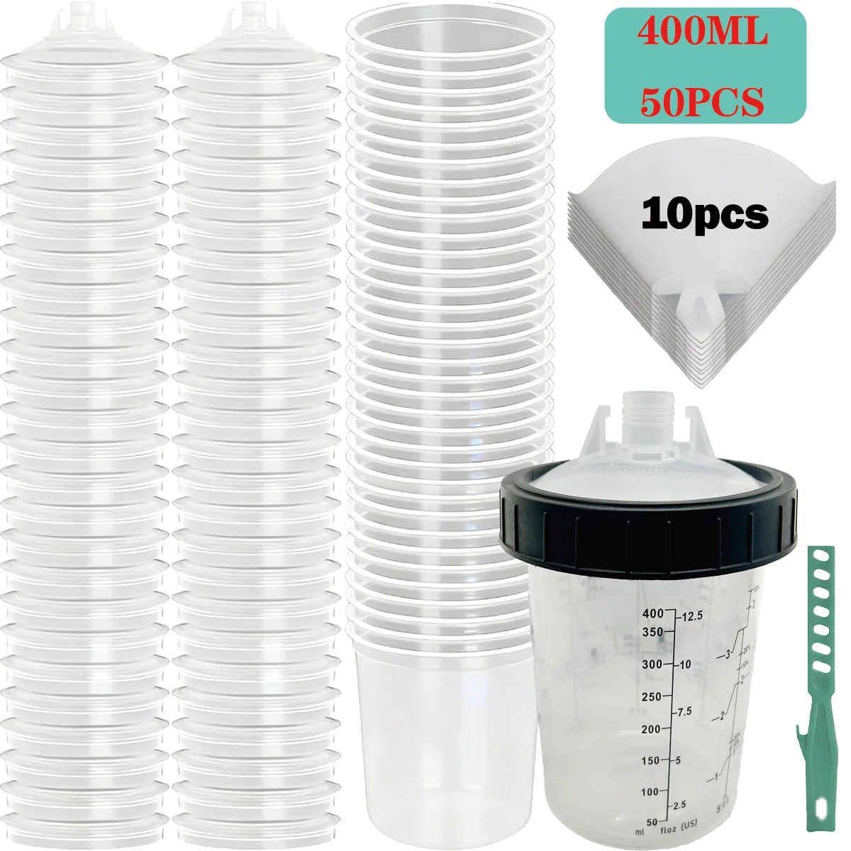 50PCS disposable spray gun cup cover and cover kit, 200ml/400ml/600ml gravity feed spray cup. Sealing plug, mixer, and retaining