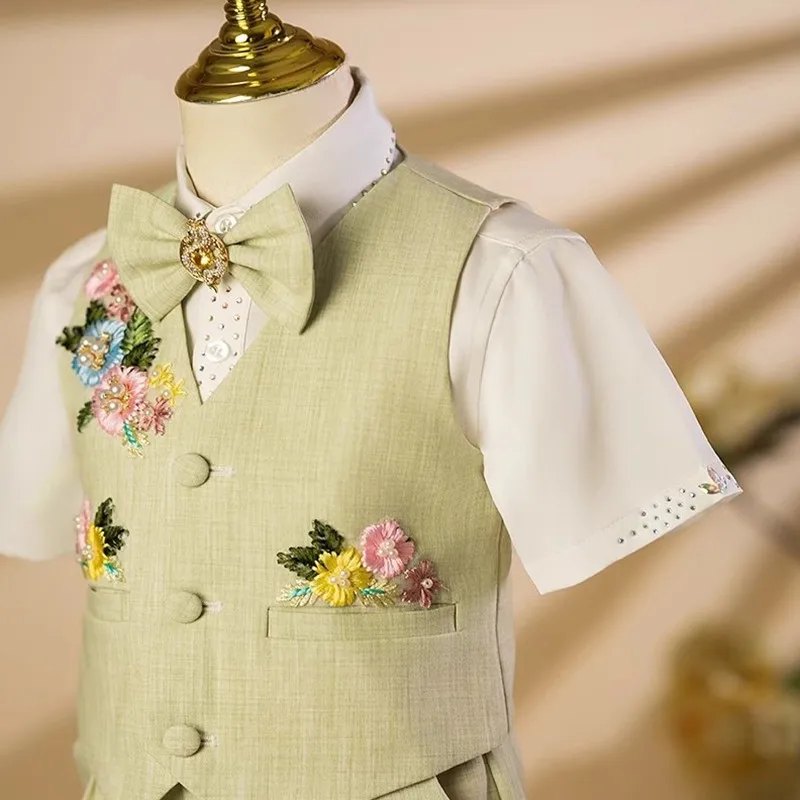 5-teiliges Set: Hellgrüne Weste mit Blumenstickerei für Jungen, Kinder-Hochzeitsanzug, Blumenjungen-Outfit, Geburtstags- und Laufsteg-Kostüm, formelles Party-Outfit A4468 – Detail 9