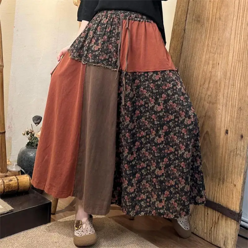 

Spring Summer New Arts Style Women Elastic Waist Loose A-line Skirt Vintage Print Patchwork Cotton Linen Long Skirt High Quality