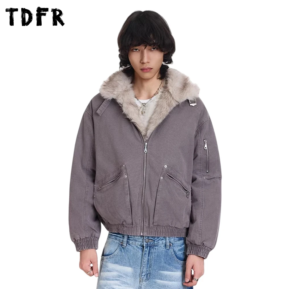 

Карманная стеганая куртка-карго, мужская ретро стираная потертая свободная повседневная толстая верхняя одежда с меховым воротником и длинными рукавами