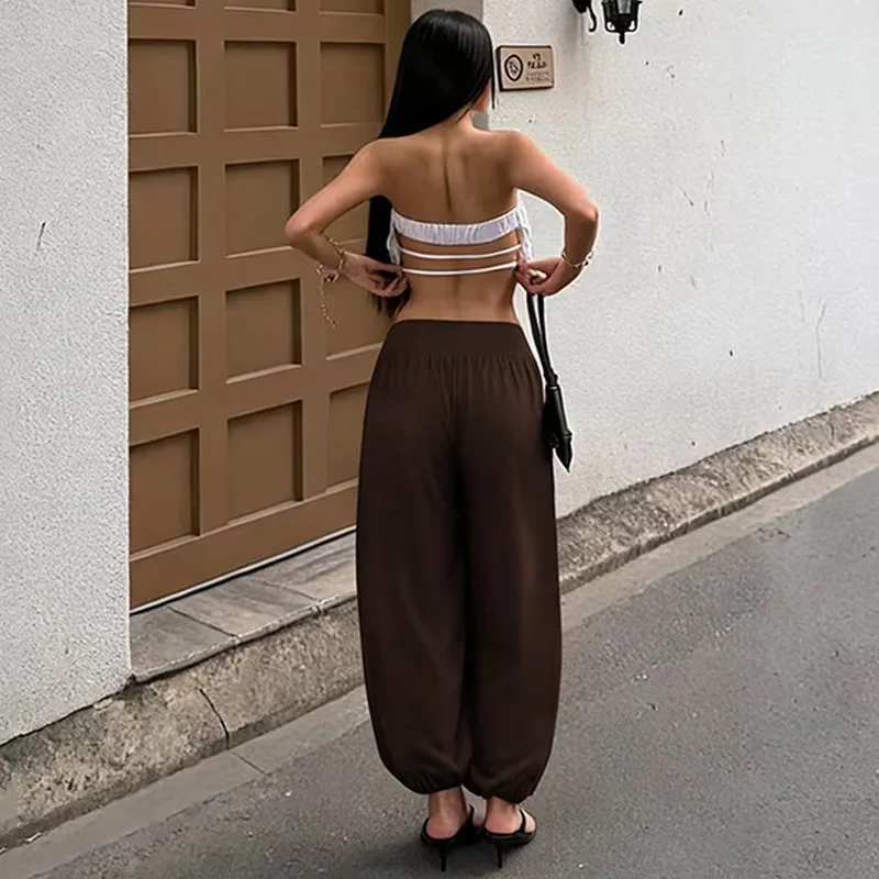Damen High-Waist Haremshose mit Umschlagbund, Lose Baggy Jogger-Hose, Einfarbig Schwarz, Weich und Dehnbar, Lässige Hose, Vintage Y2K Streetwear – Detail 5
