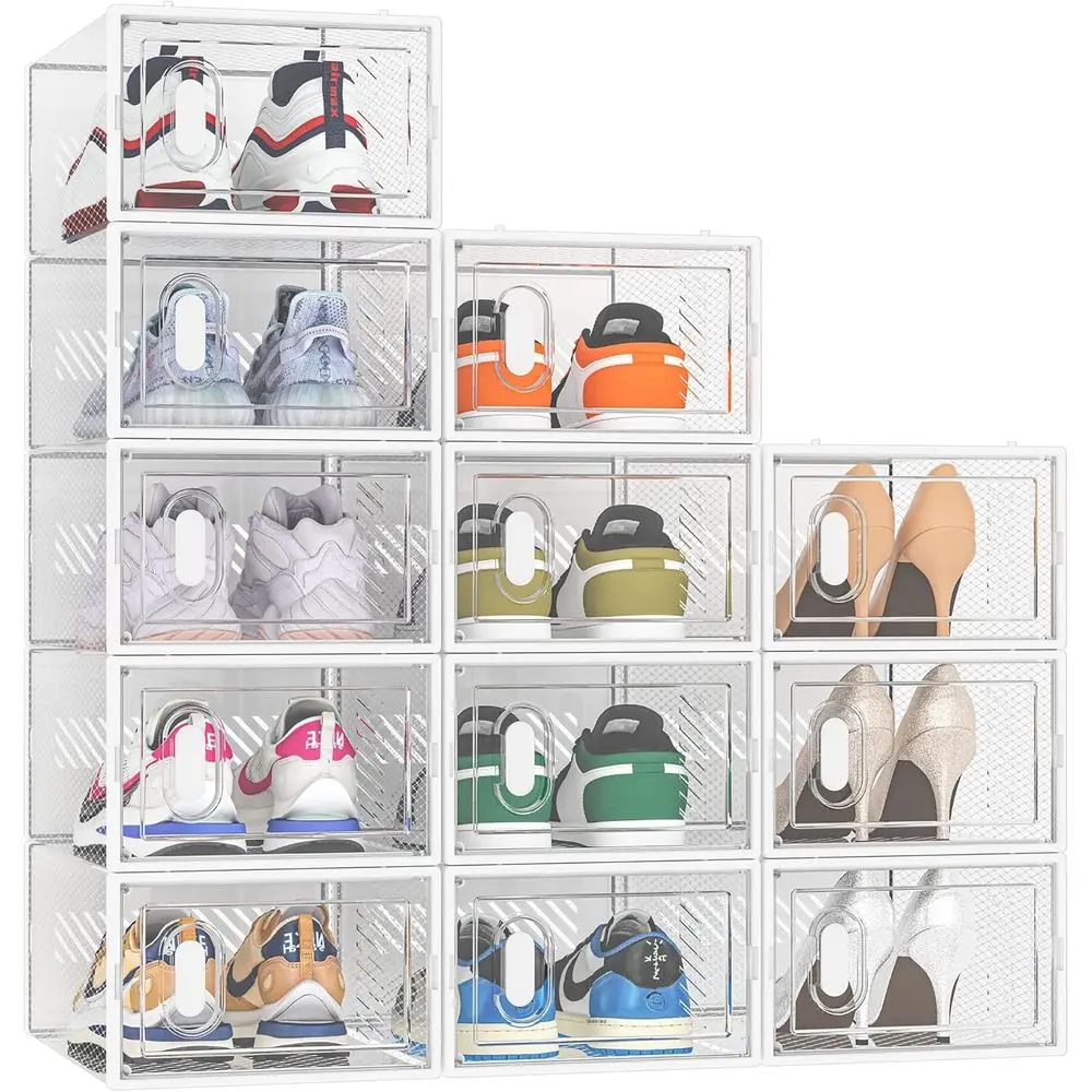 

12 Pack Clear Plastic Stackable Shoe Boxes with Lids, Size 10