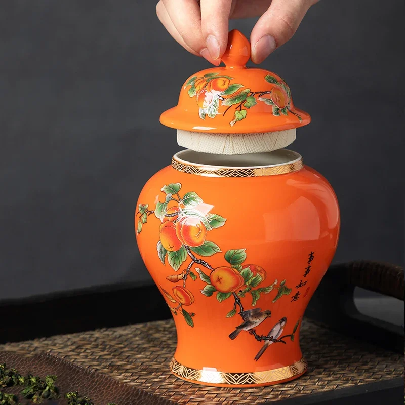 Persimmon Ceramic Tea Can with Lid Sealed Tea Can Storage Can for Household Empty Can General Decoration Creative Ginger Can