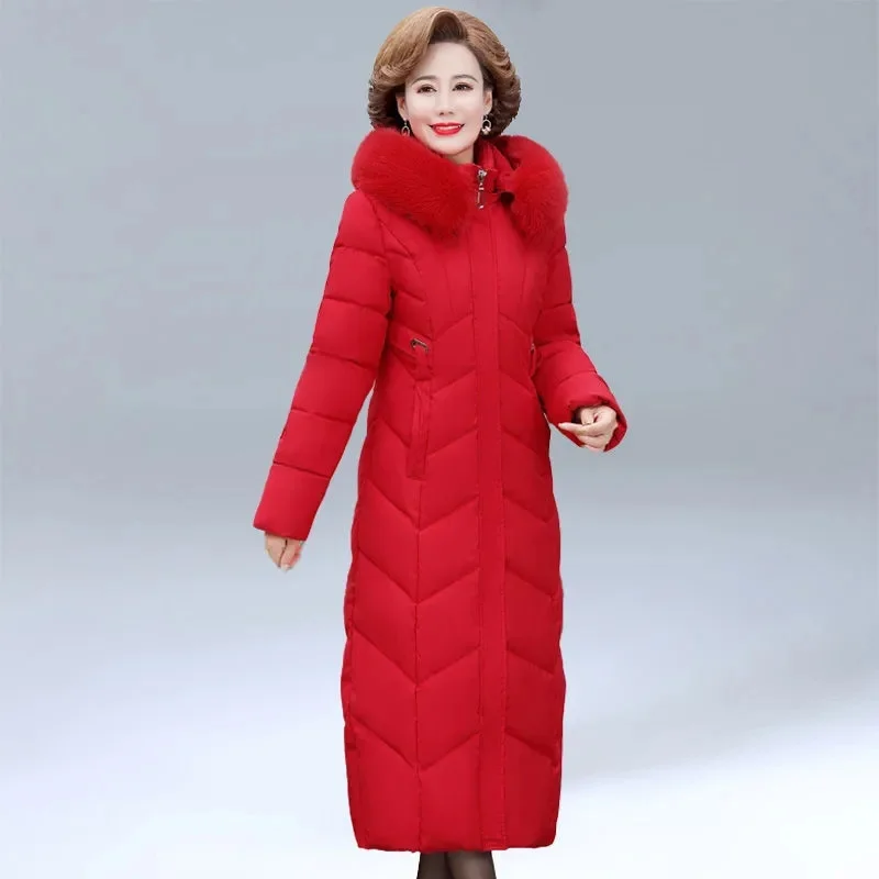 Hooded Fur Collar Down Cotton Jacket Women Winter Clothing New Middle-Aged Mother Mid-Long Thicken Coat Warm Female Parkas 8XL