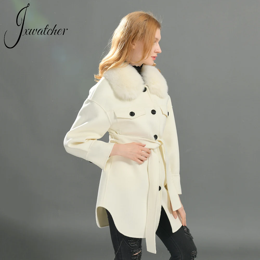 Jxwatcher Winter Cashmere Wool Coat For Women Fashion Long Full Sleeves Jacket Real Fox Fur Collar Belt Slim Outwear Autumn New