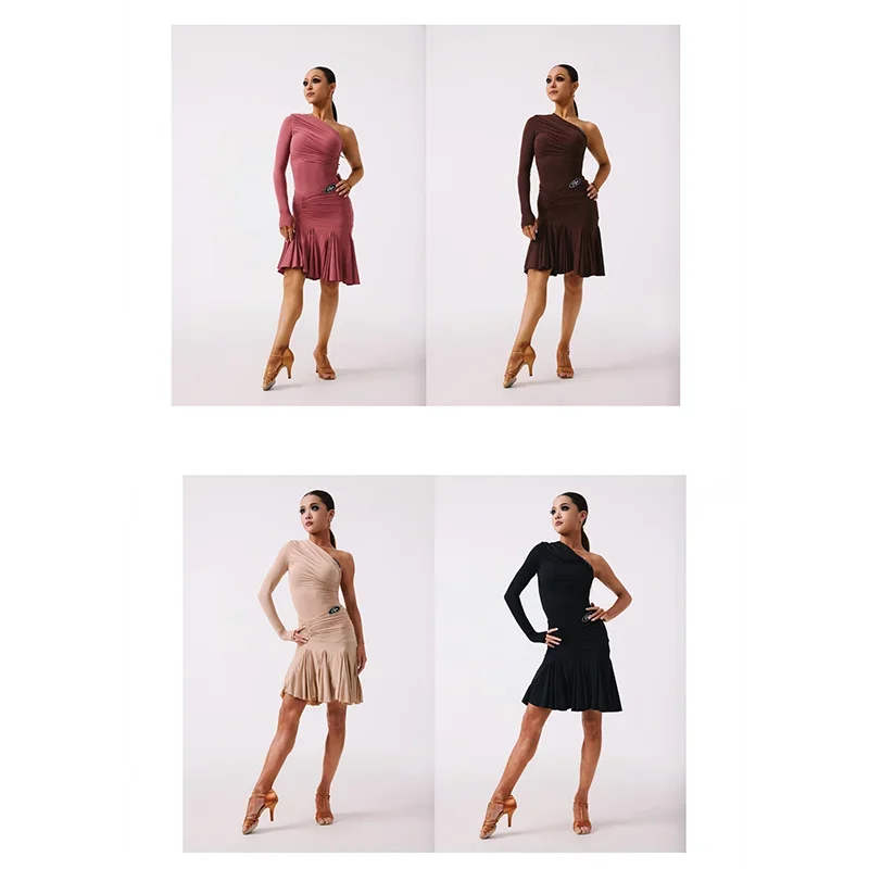 

2025 New Latin Dance Performance Costumes For Women Sexy Sloping Shoulders Tops Split Skirts Practice Suit Latin Dress DQS20854