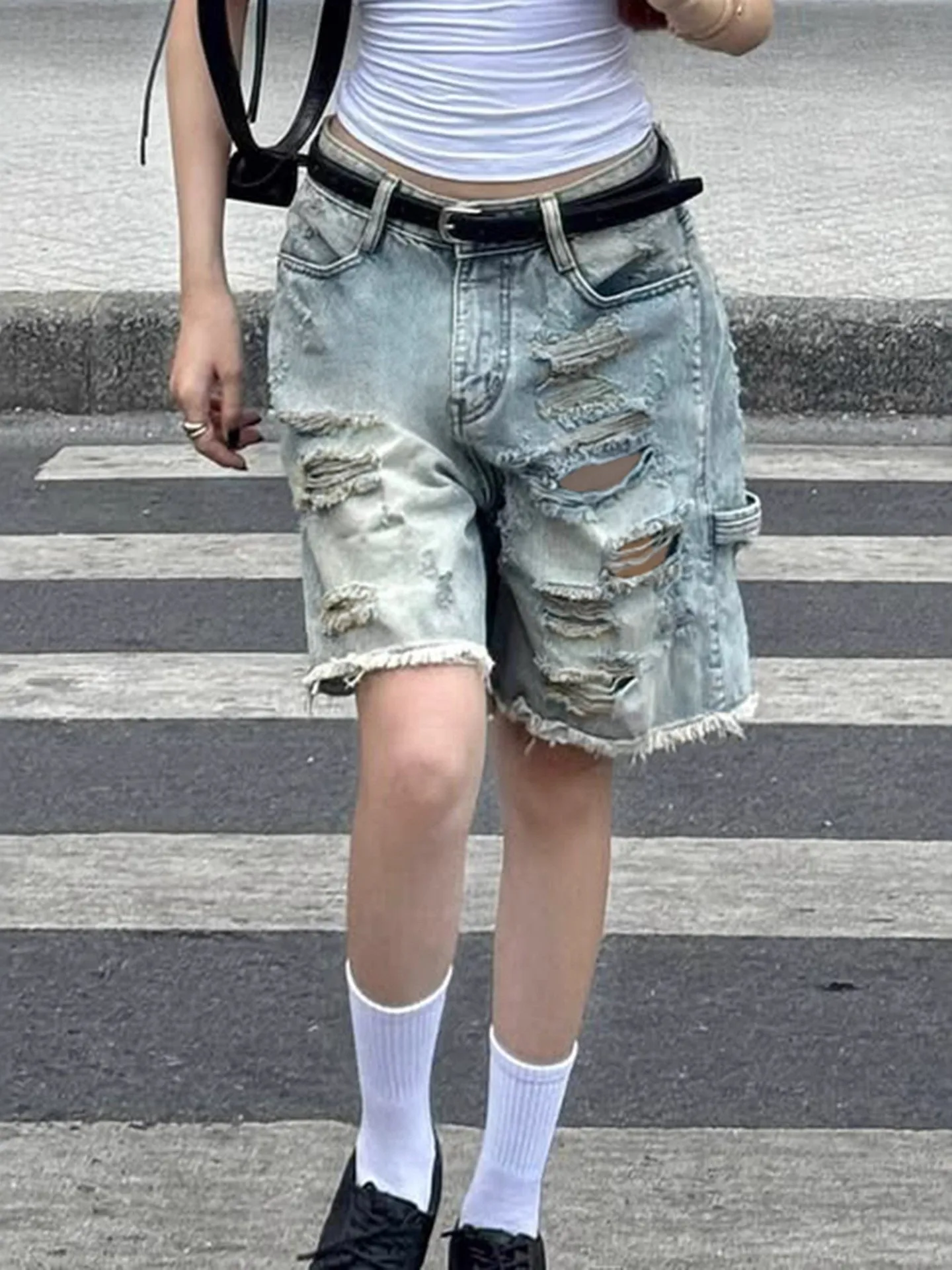 

Casual High Waist Wide Leg Cropped Pants Frayed Hem Trousers Ele Blue Workwear Sle Jeans mid Stretch Blue