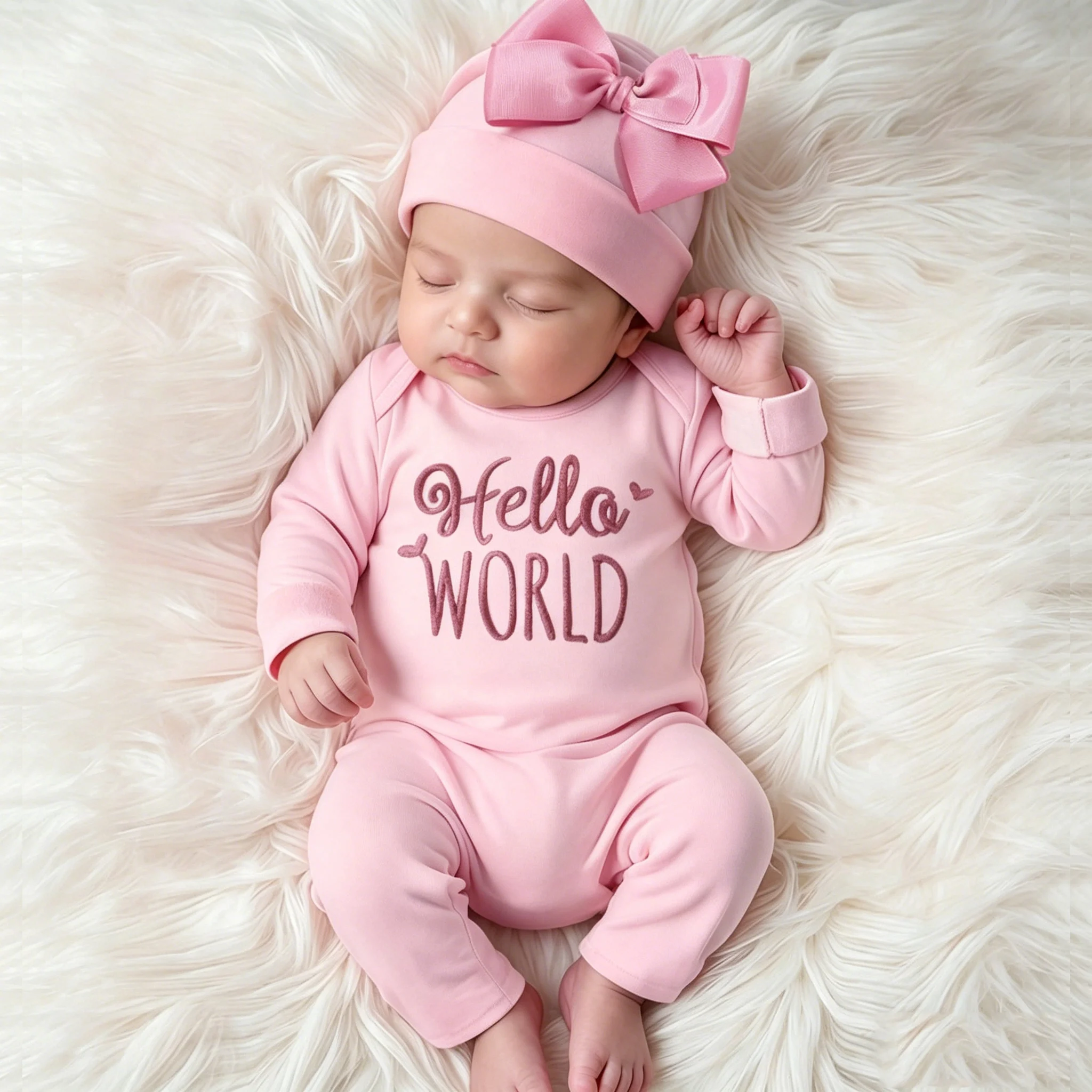 Ylsteed Newborn Photography Romper Jumpsuit with Bow Hat 'Hello World' Embroidery Infant Props forComing Home Outfit Baby GiftHD