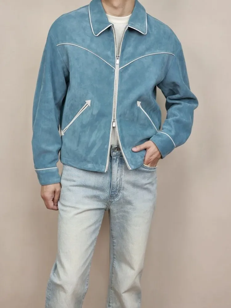 Luxury Mens Sheepskin Suede Jacket Zipper Turndown Collar Genuine Leather Short Jackets Loose Fashion Casual Outerwear Coats view 3