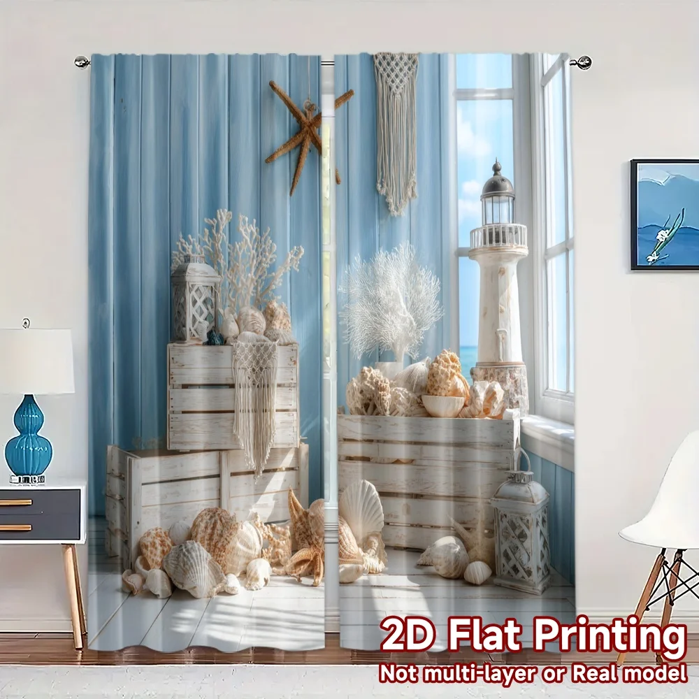 2pcs, 2D FLAT PRINTING Curtains (Without Rod) Coastal Treasures Popular Creative Curtains Versatile 100% Polyester Curtains