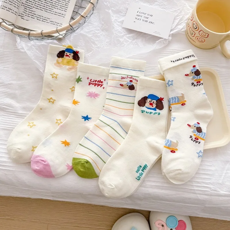 5 Pairs Cute Socks for Women Autumn and Winter Cartoon Japanese Women's Socks Casual Woman Grip Socks High Quality Hosiery 2025