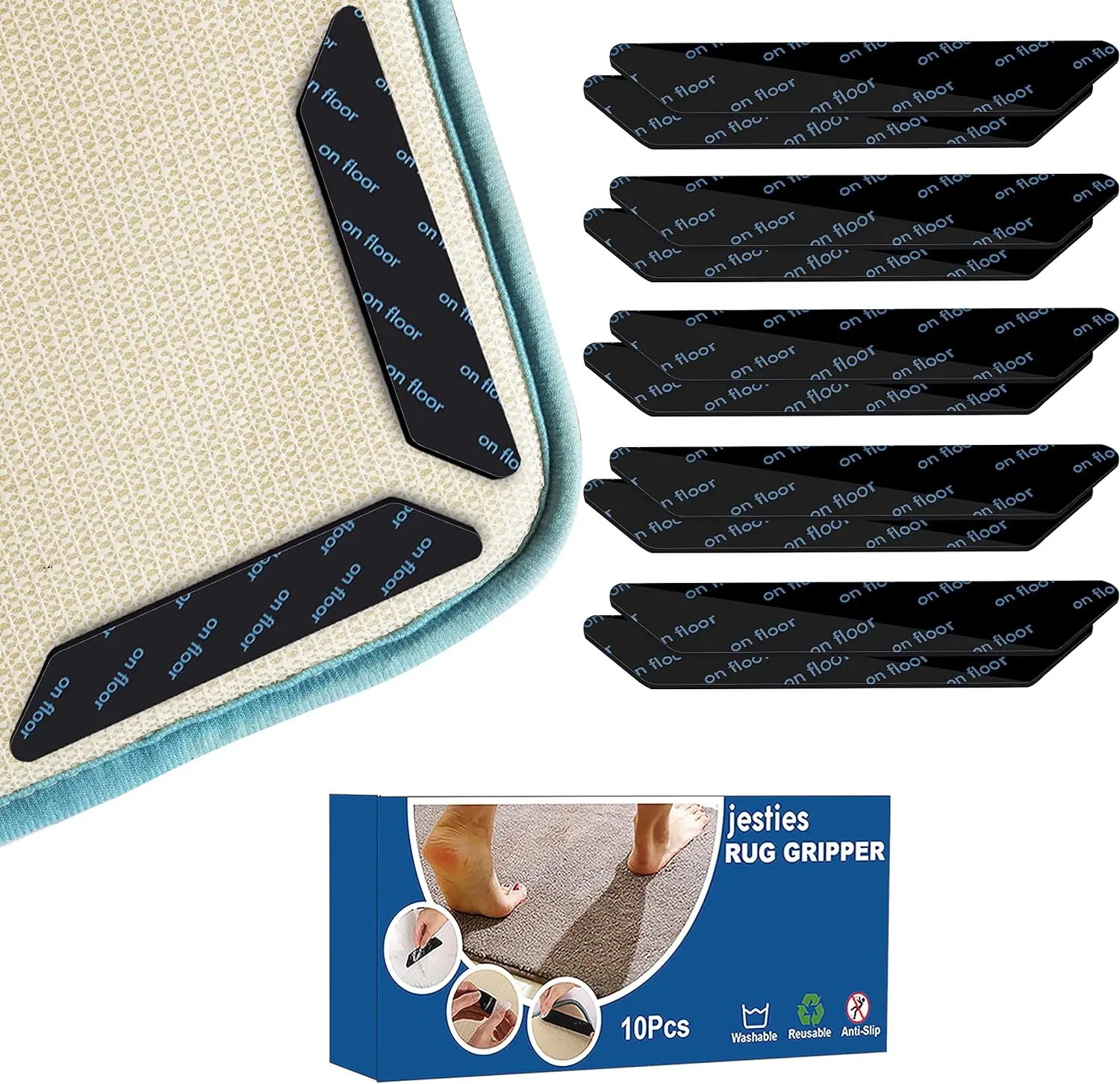 10pcs Carpet Tape Non Slip Rug Tape Reusable Rug Pad Gripper for Area Rugs Dual Sided Adhesive Rug Sticker Keep Corners Flat