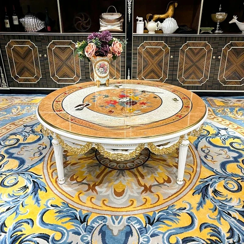 A  French Solid Wood Coffee Table, European Carved Round Tea Table, Living Room Shell Veneer Tea Table2005