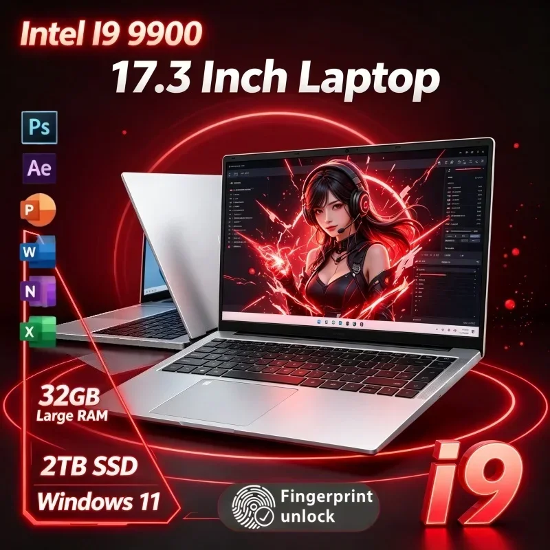 17.3 Inch Big Screen Notebook Win11 Intel I9‑9900 32GB RAM 2TB SSD Fingerprint Lock Ultra Fast Laptop For Gaming Office Study