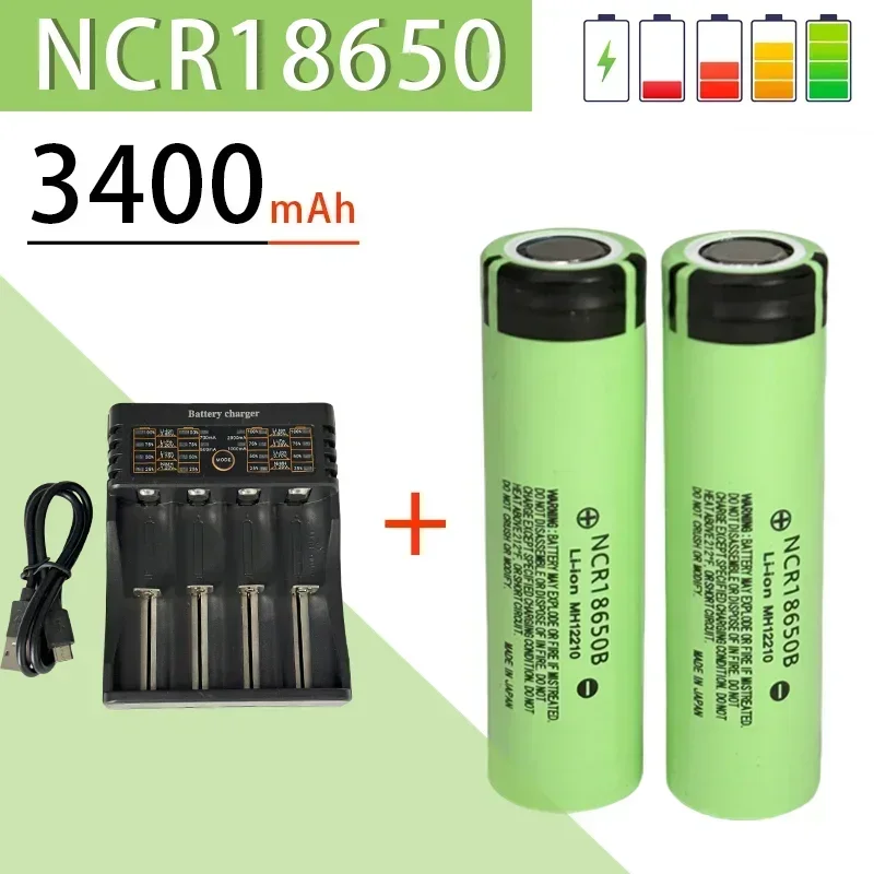 2024NCR18650B 3.7V 3400mAh rechargeable lithium battery, suitable for Panasonic flashlights, original, New 18650 battery+charger