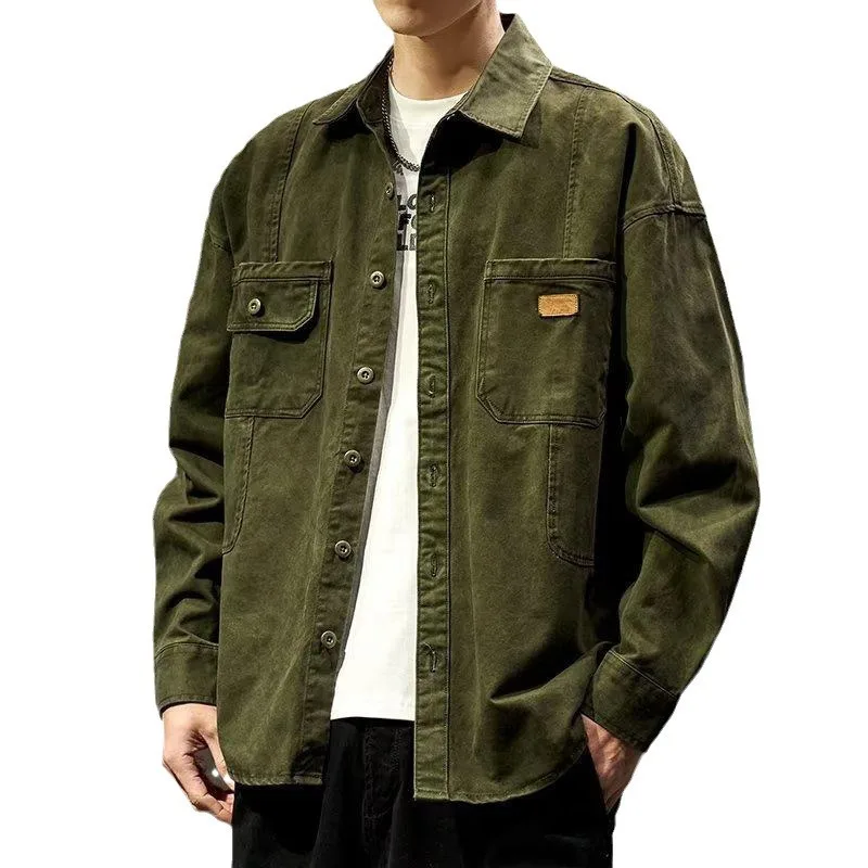 سترة قميص العمل للرجال للربيع والخريف سترة فضفاضة بلوزة كاجوال بأكمام طويلة للرجال