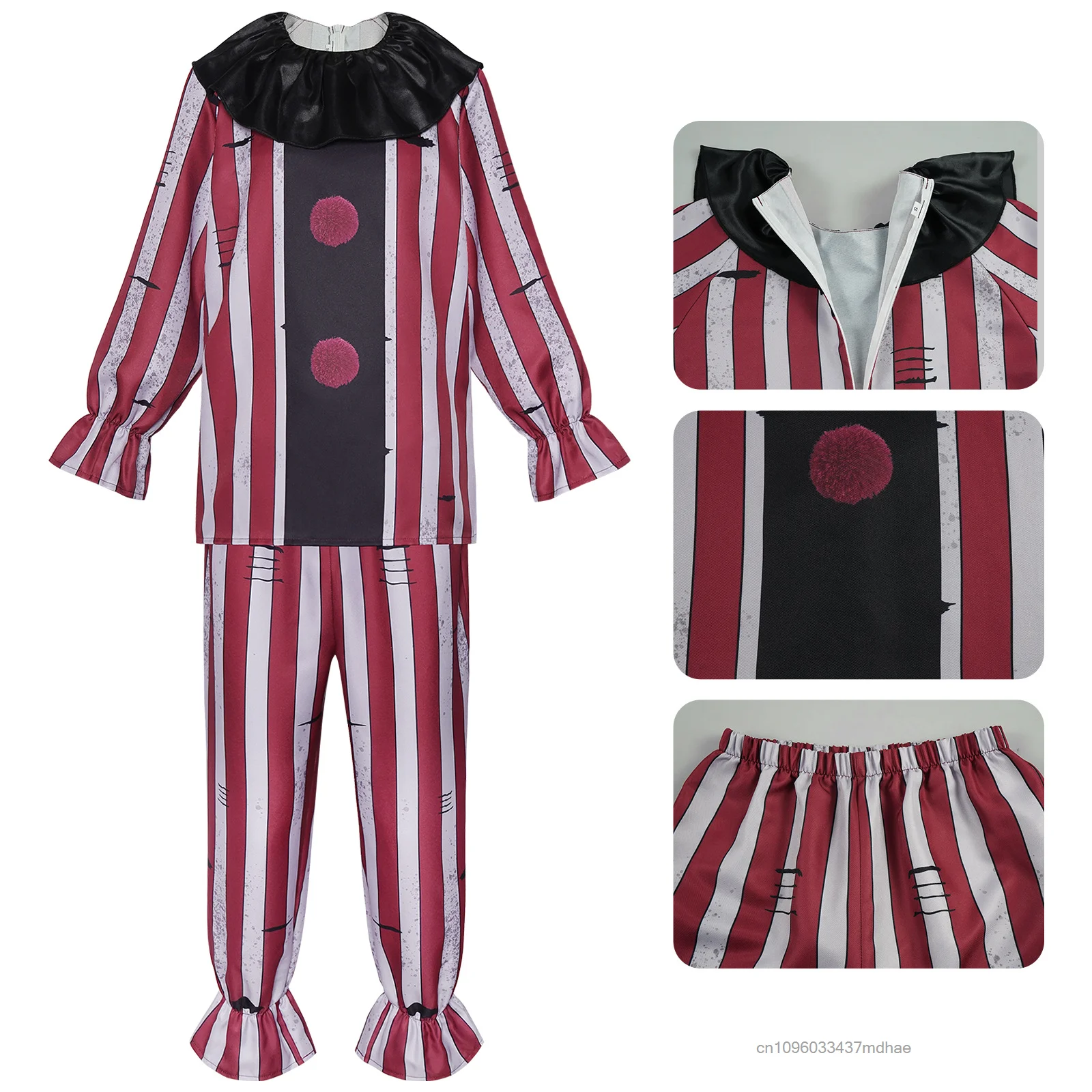 Adult Horror Striped Clown Cosplay Costume Ruffle Sleeve with Black Collar Scary Circus Outfit Halloween Carnival Party Outfits view 3