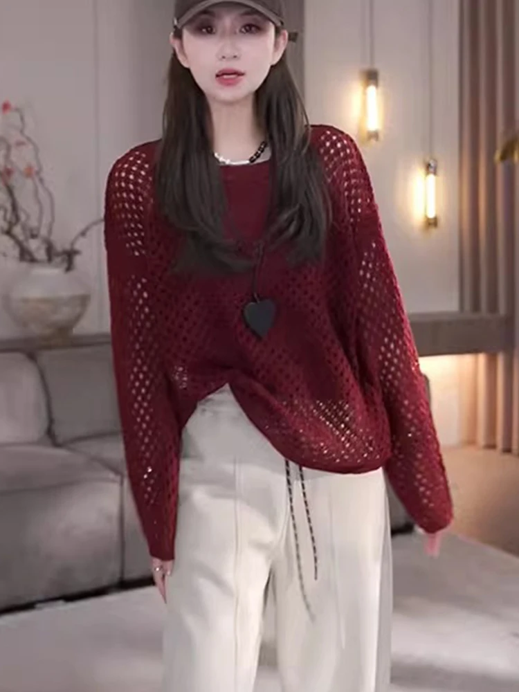 

Faionable Long Sve Knitted Hollow out Loose Comfortable Base Layer irt Korean Sle round Ne Comfortable Knitwear