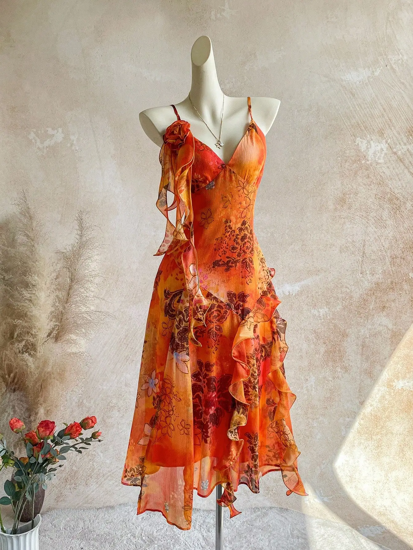 Boho Floral Chiffon Dress with Ruffles & V Neck, Vacation Ready Summer Midi