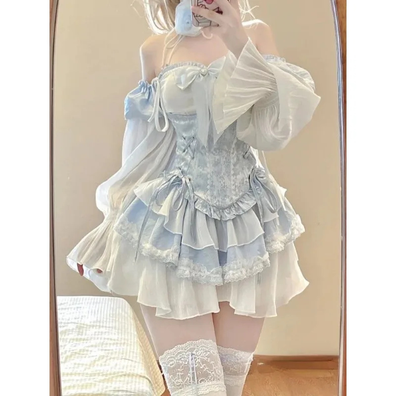 Vestido azul de Lolita, conjunto ajustado sin mangas, minivestido de fiesta, moda de verano, 2024