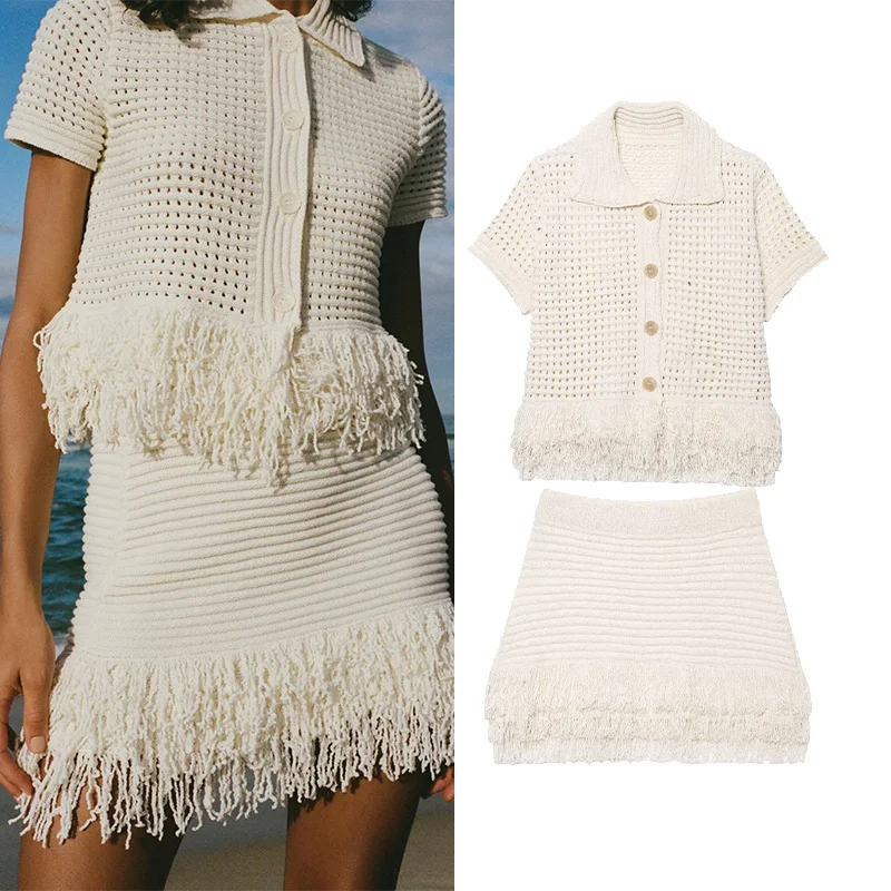 

HipSeam Women High Waist Skirts Set 2 Piece Knit Jacket With Short Sleeve Fringed Check Knit Skirt 2 Piece Sets Women Outfit