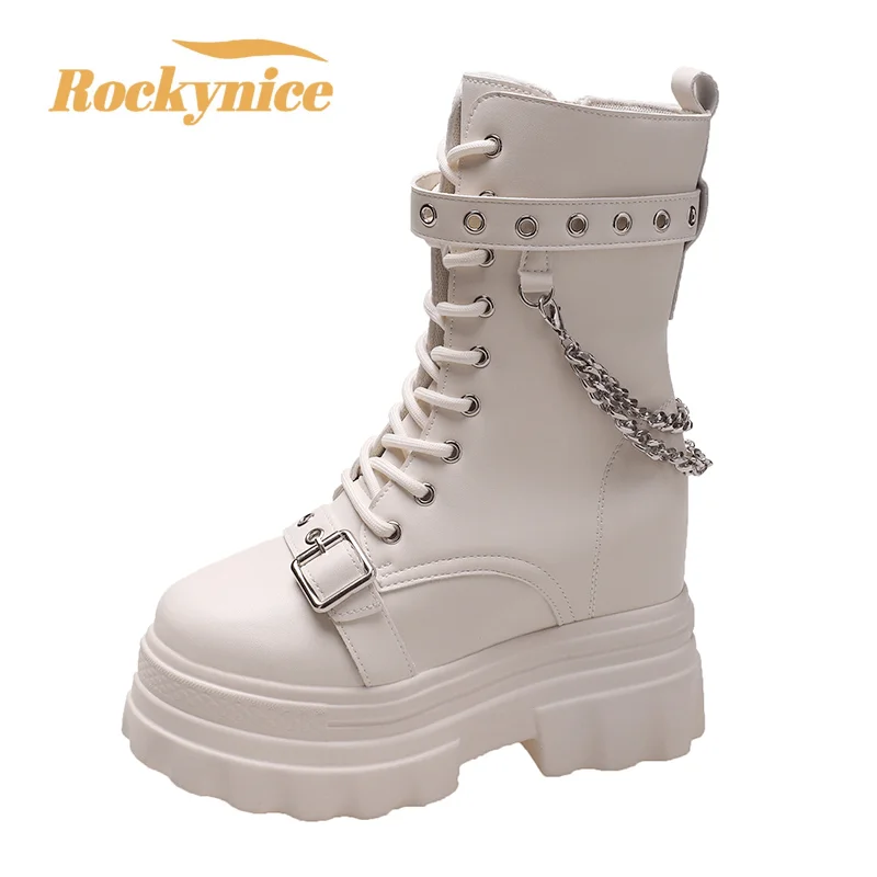 

Autumn Thick Heel Ankle Boots Women 11.5CM Chunky Sneakers High Heels Winter Platform Leather Shoes Woman Metal Chain Punk Boots