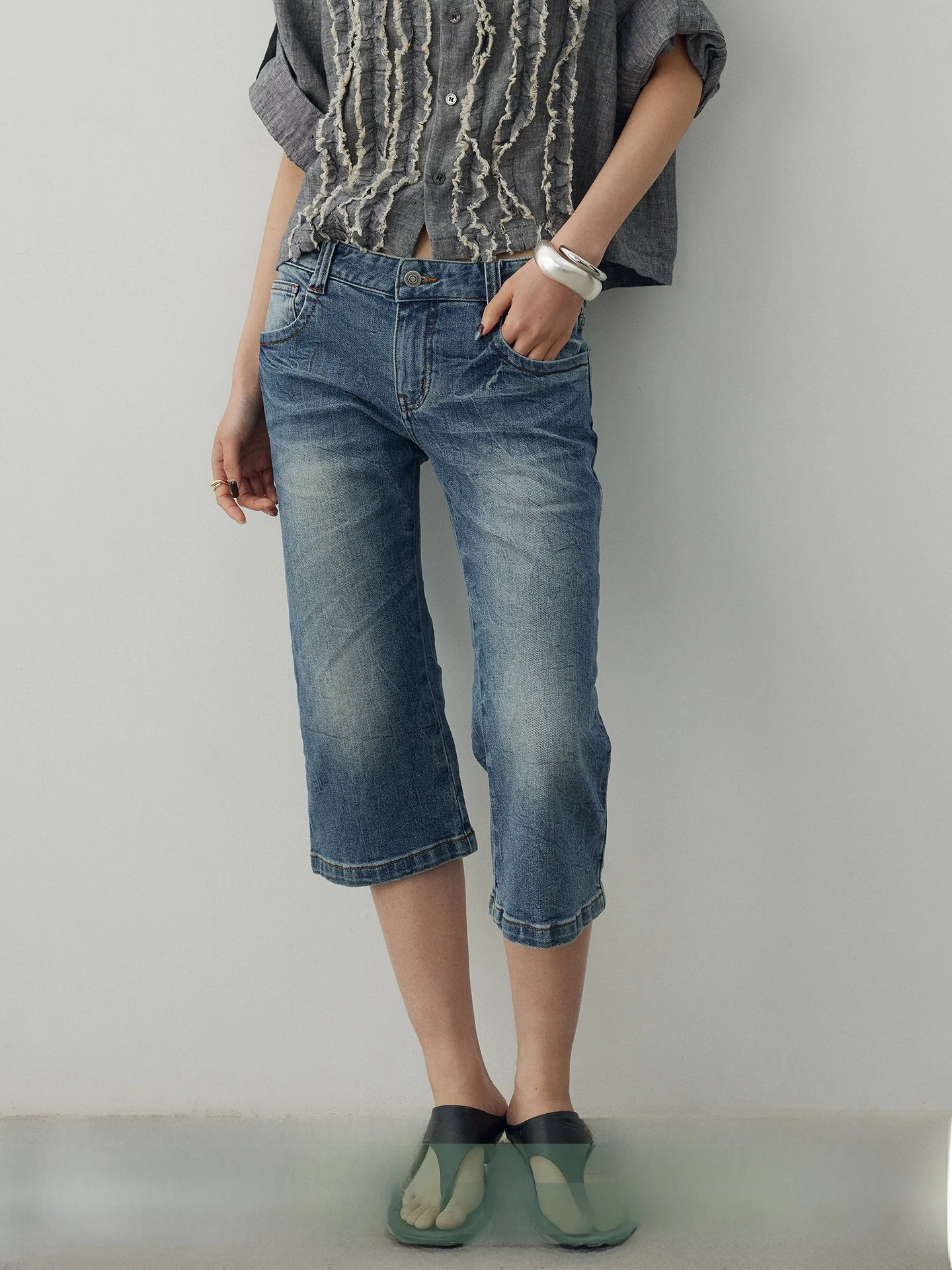 

KEARA Retro Floral Capri Jeans Women's Fashionable Washed Mid-Low Waist Straight Leg Denim Spring Summer Casual Cotton Blend