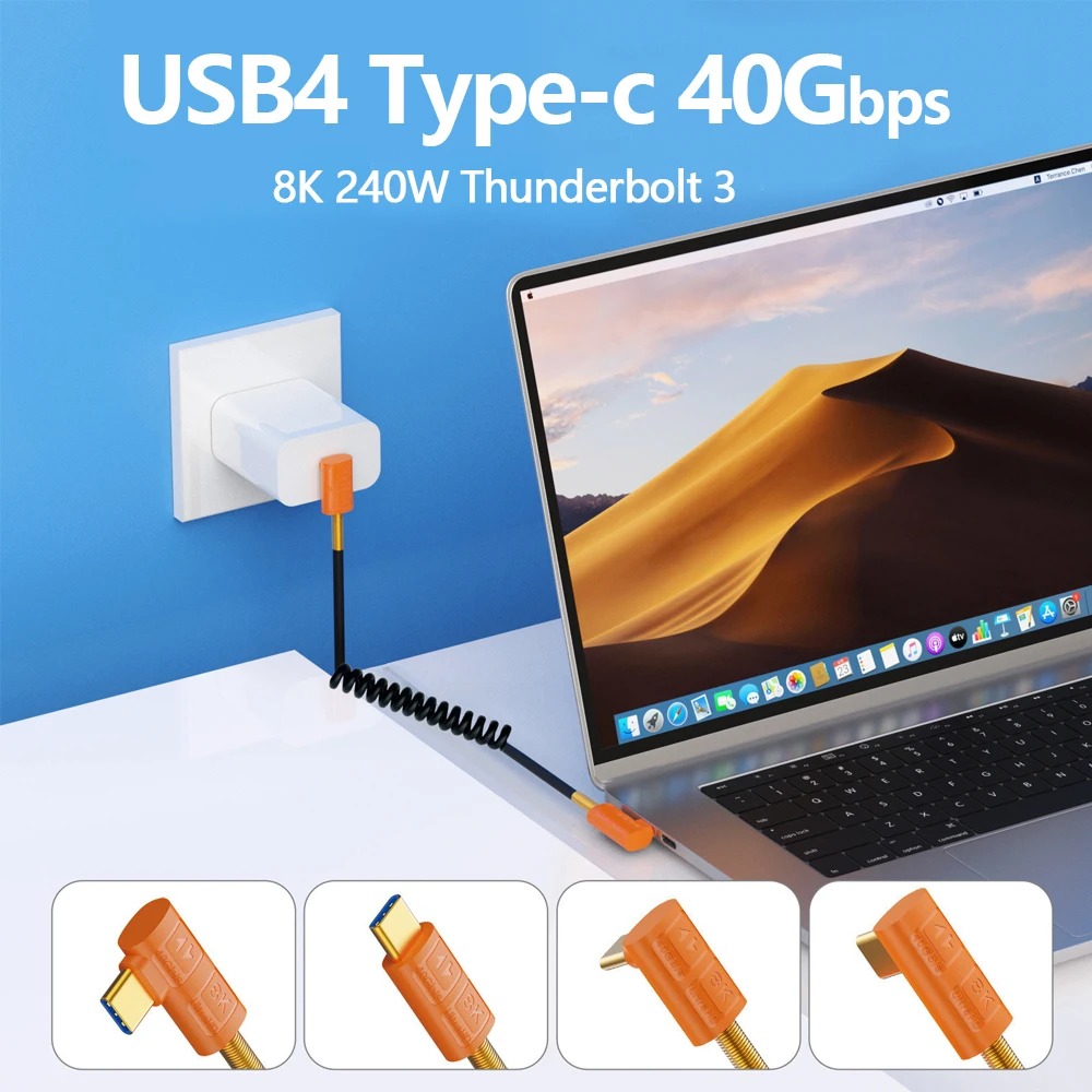USB 4 Spring Type C Extension Data Cable 40G 240W Fast Charging for Monitor Thunderbolt Laptop Silver-Plated 90 Degrees tipo c