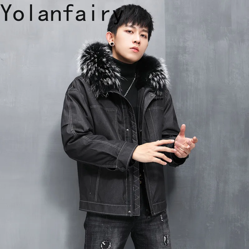 YOLANFAIRY 천연 모피 파카 남성용 겨울 분리형 토끼 모피 라이너 모피 코트 남자 진짜 따뜻한 자켓 후드 화이트 너구리 칼라