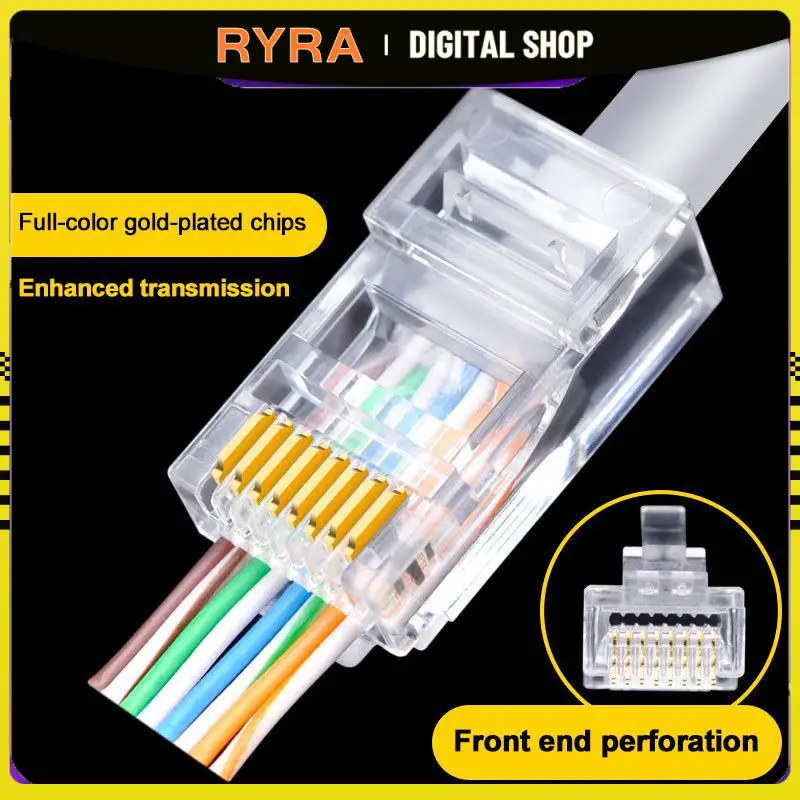 RYRA 100pcs CAT5 CAT5E RJ45 Connectors Pass Through Modular Plug Network UTP 3/50μ Gold-Plated 8P8C Crimp End For Ethernet Cable