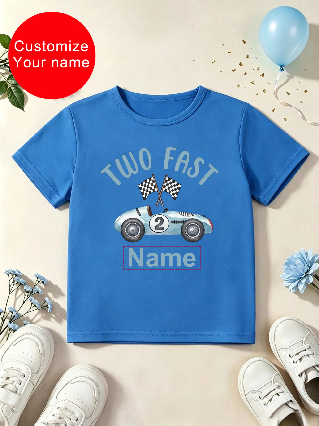 Customize Your Name Two Fast Racing Flags Printed T Shirt Boys/Girls 2nd Birthday Gift T-Shirt Funny Kids Clothes